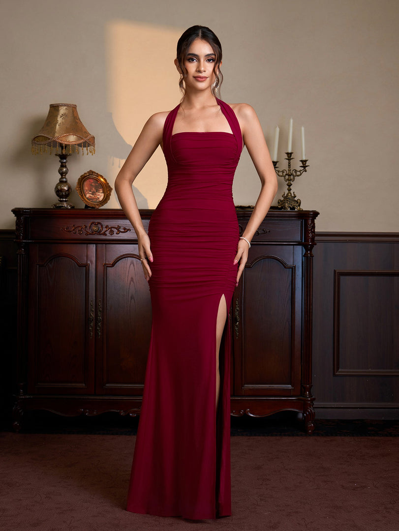 Halter Ruched Split Thigh Mesh Maxi Dress | Vacation Dress