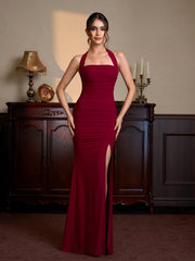 Halter Ruched Split Thigh Mesh Maxi Dress | Vacation Dress