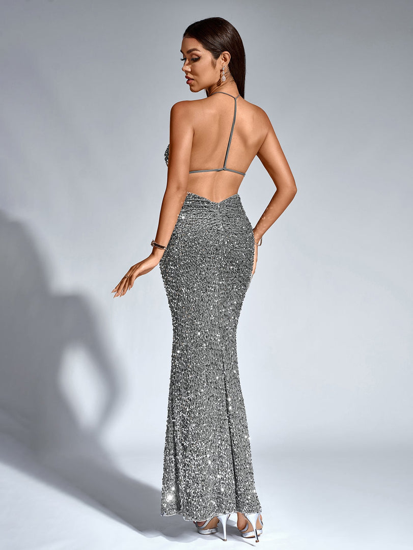 Halter Stereo Flower Sequin Mermaid Dress | Prom Dress