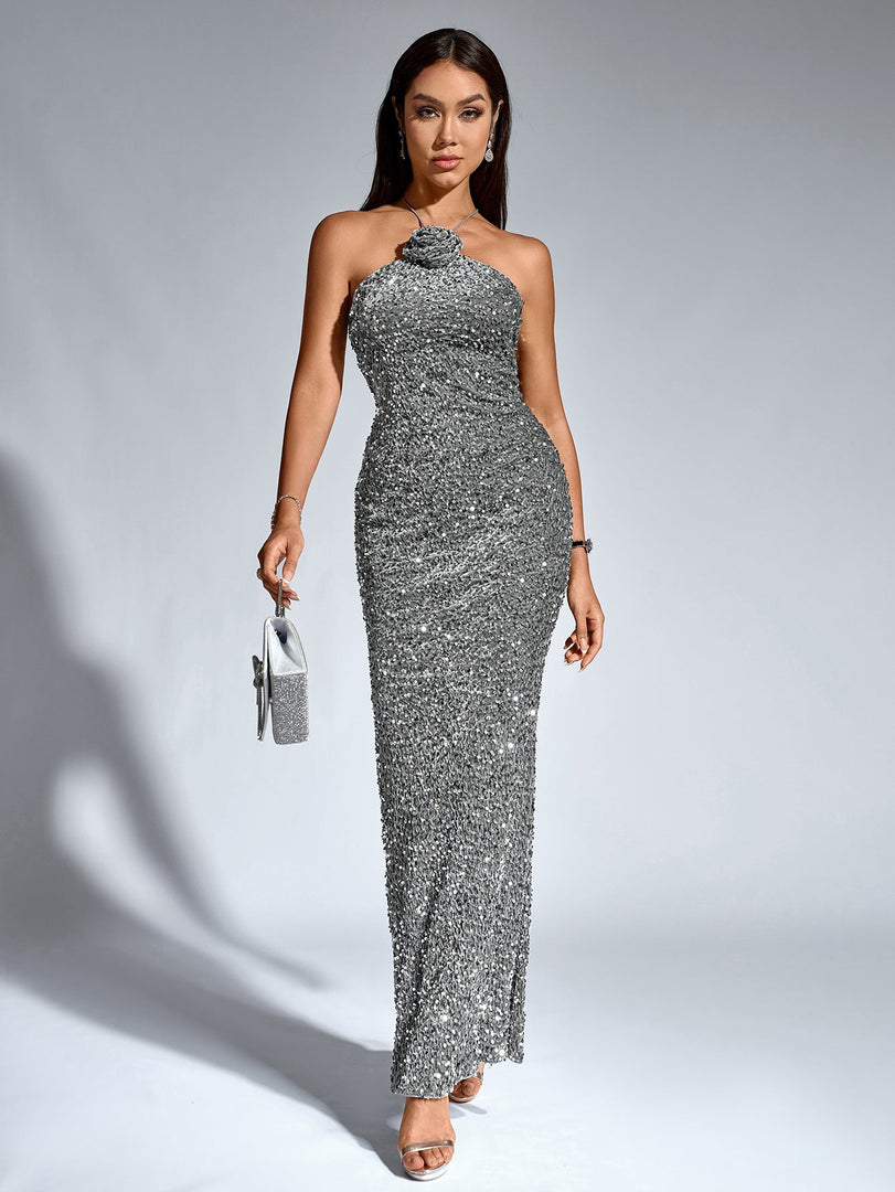 Halter Stereo Flower Sequin Mermaid Dress | Prom Dress