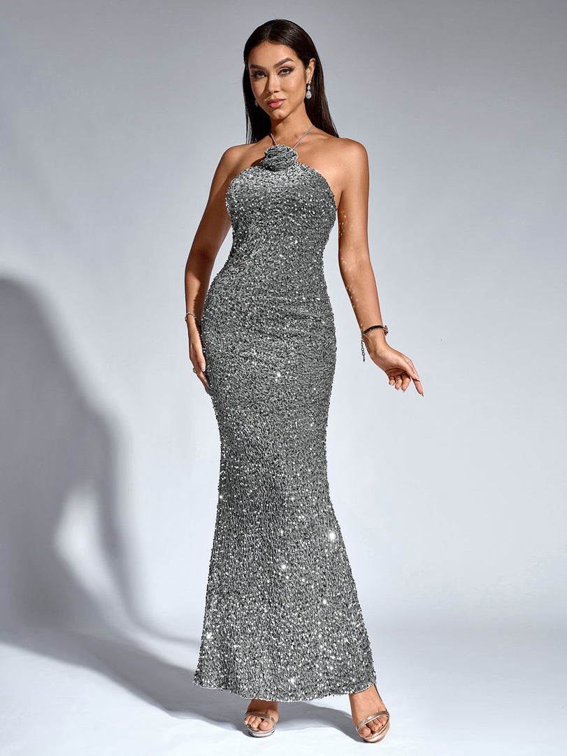 Halter Stereo Flower Sequin Mermaid Dress | Prom Dress