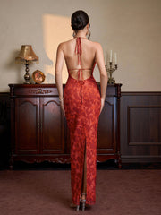 Halter Tie Back Split Floral Print Bodycon Dress | Wedding Guest Dress, Vacation Dress