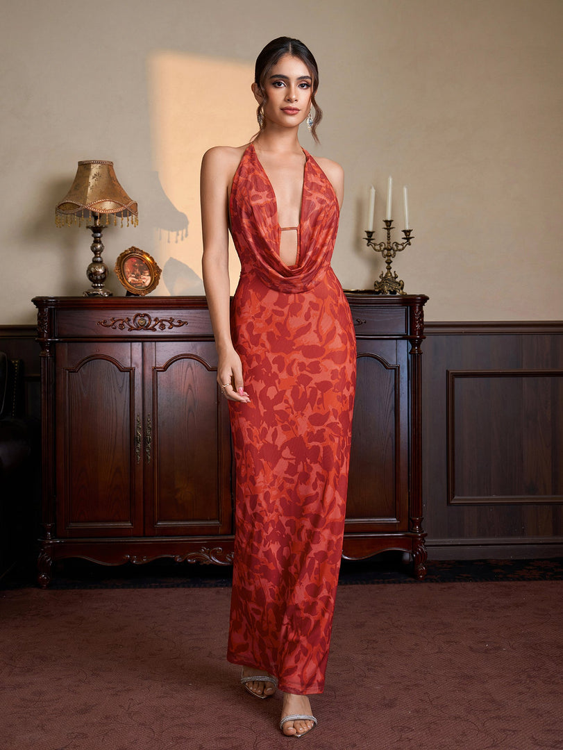 Halter Tie Back Split Floral Print Bodycon Dress | Wedding Guest Dress, Vacation Dress