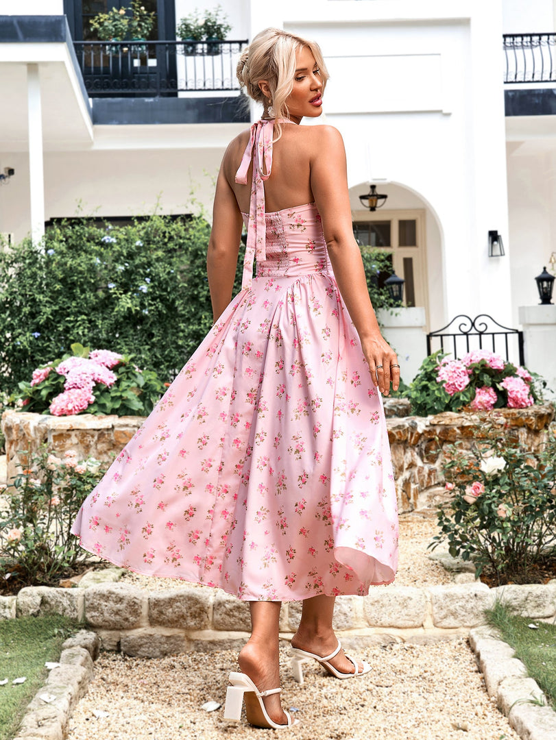 Halter Tie Smocking Floral Print Bodycon Dress | Wedding Guest Dress, Vacation Dress
