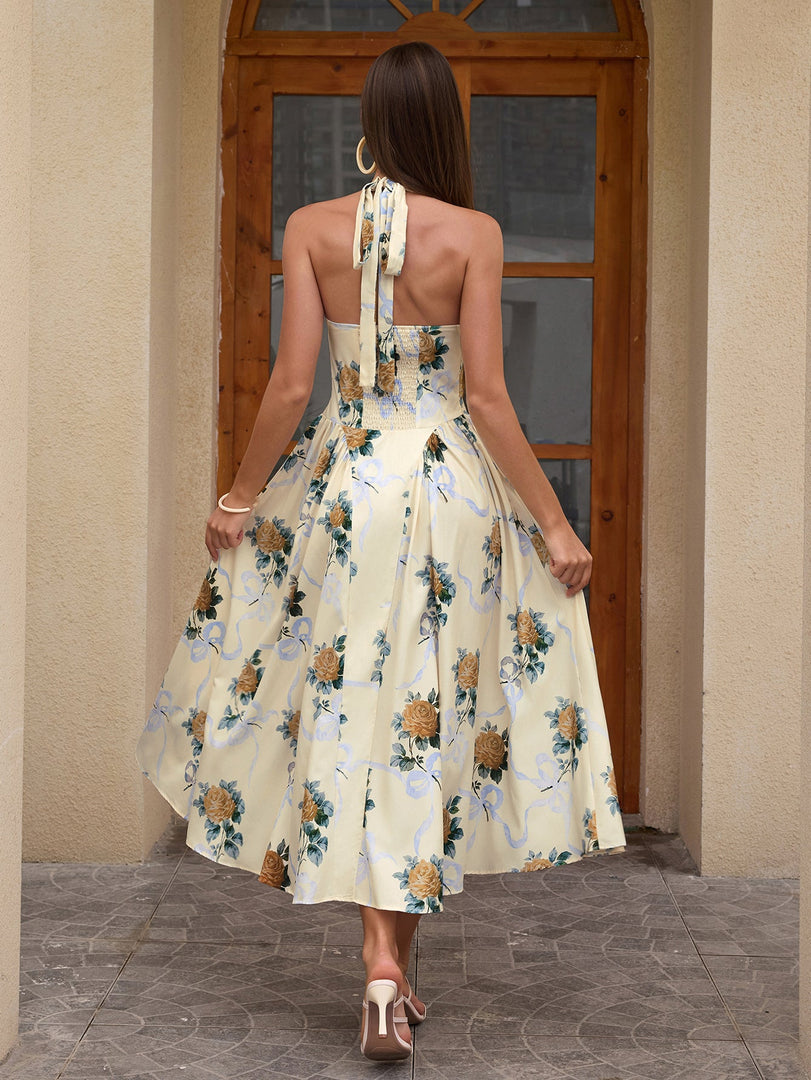 Halter Tie Smocking Floral Print Bodycon Dress | Wedding Guest Dress, Vacation Dress