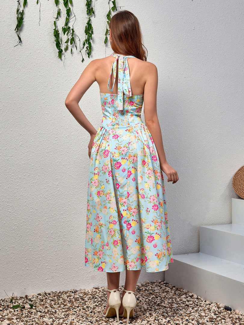 Halter Tie Smocking Floral Print Bodycon Dress | Wedding Guest Dress, Vacation Dress