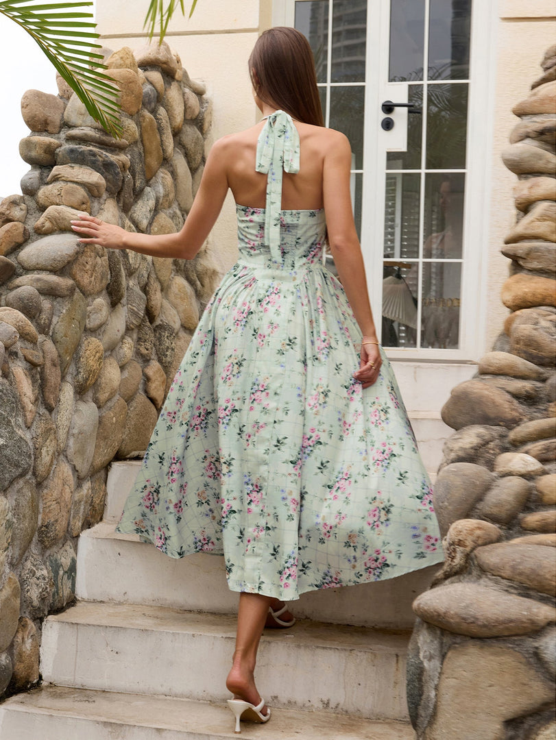 Halter Tie Smocking Floral Print Bodycon Dress | Wedding Guest Dress, Vacation Dress