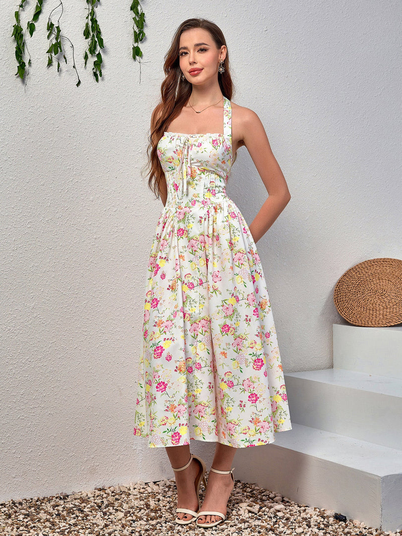 Halter Tie Smocking Floral Print Bodycon Dress | Wedding Guest Dress, Vacation Dress