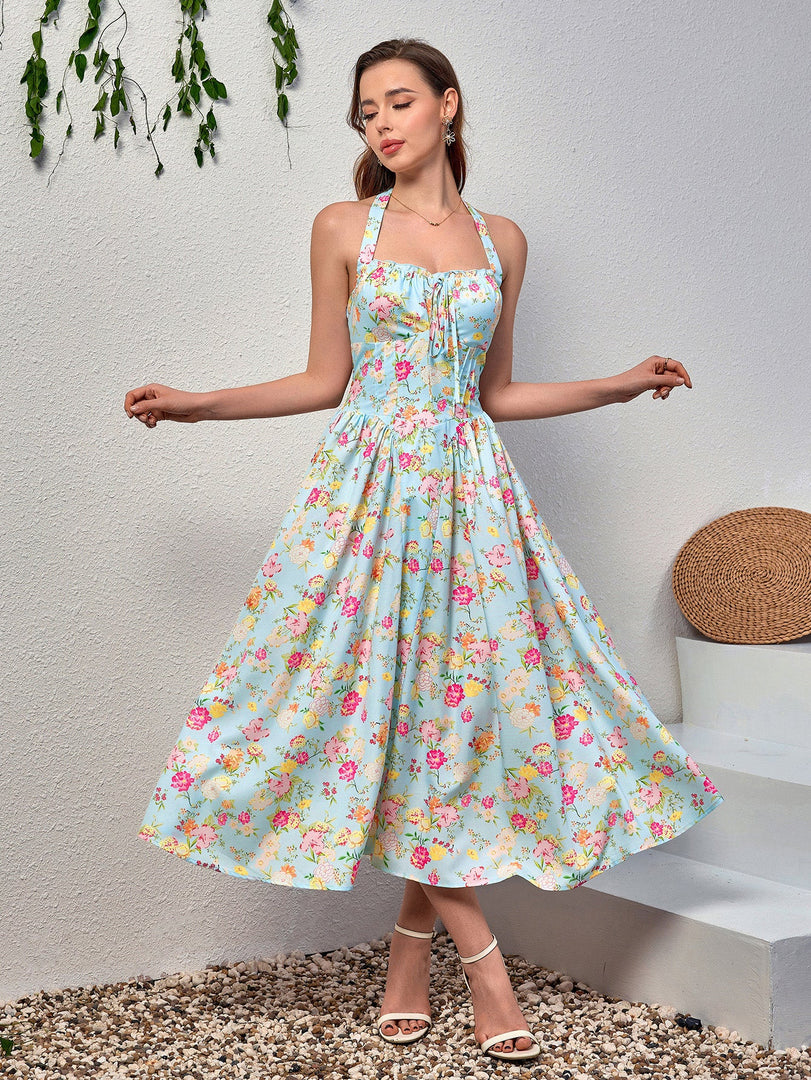 Halter Tie Smocking Floral Print Bodycon Dress | Wedding Guest Dress, Vacation Dress