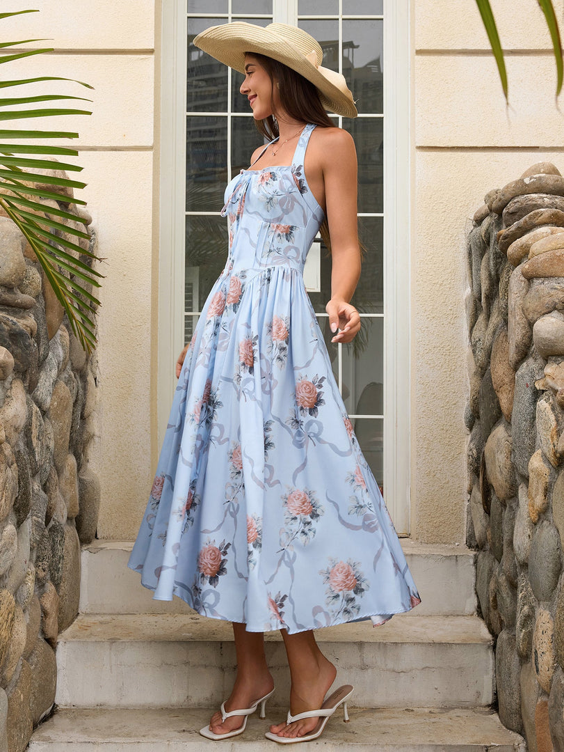 Halter Tie Smocking Floral Print Bodycon Dress | Wedding Guest Dress, Vacation Dress