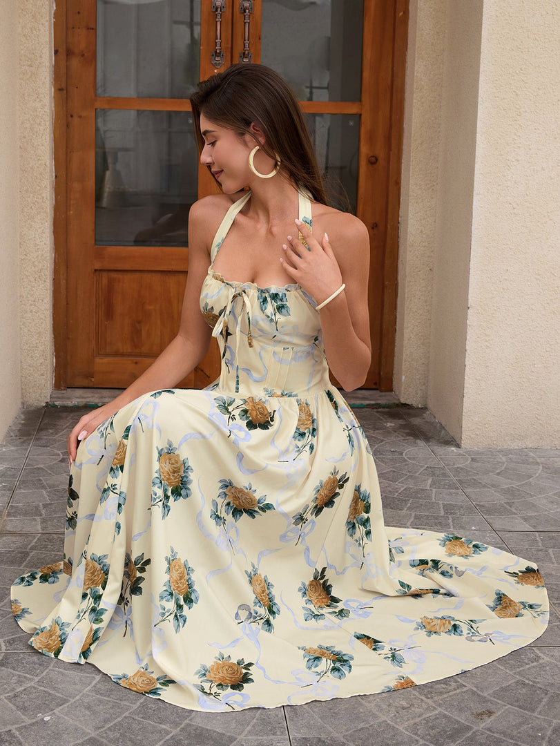 Halter Tie Smocking Floral Print Bodycon Dress | Wedding Guest Dress, Vacation Dress