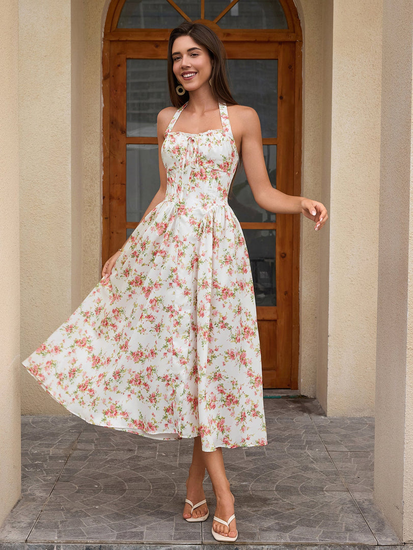 Halter Tie Smocking Floral Print Bodycon Dress | Wedding Guest Dress, Vacation Dress