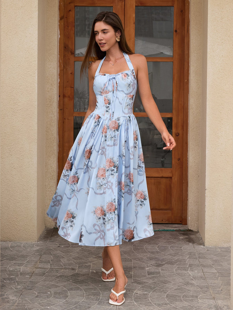 Halter Tie Smocking Floral Print Bodycon Dress | Wedding Guest Dress, Vacation Dress