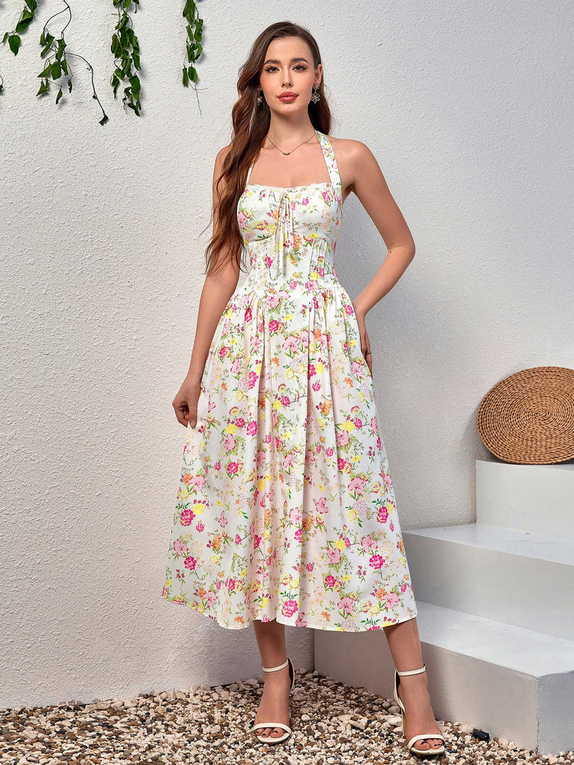 Halter Tie Smocking Floral Print Bodycon Dress | Wedding Guest Dress, Vacation Dress