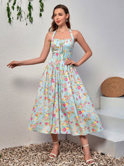Halter Tie Smocking Floral Print Bodycon Dress | Wedding Guest Dress, Vacation Dress