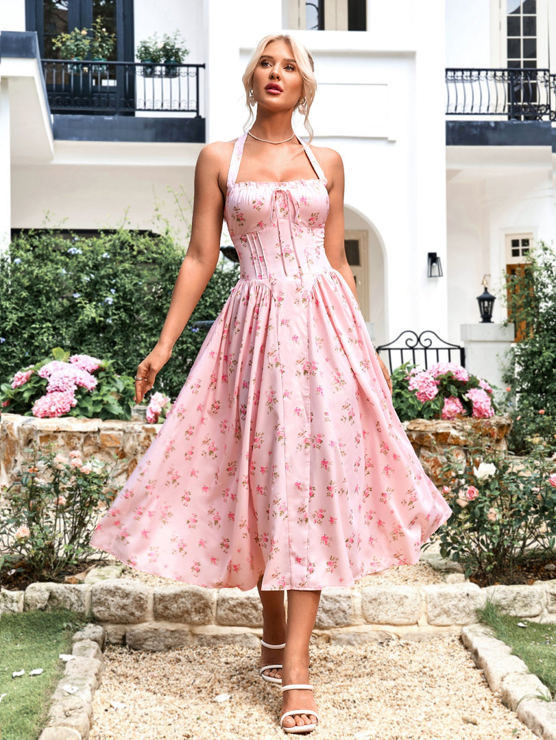 Halter Tie Smocking Floral Print Bodycon Dress | Wedding Guest Dress, Vacation Dress