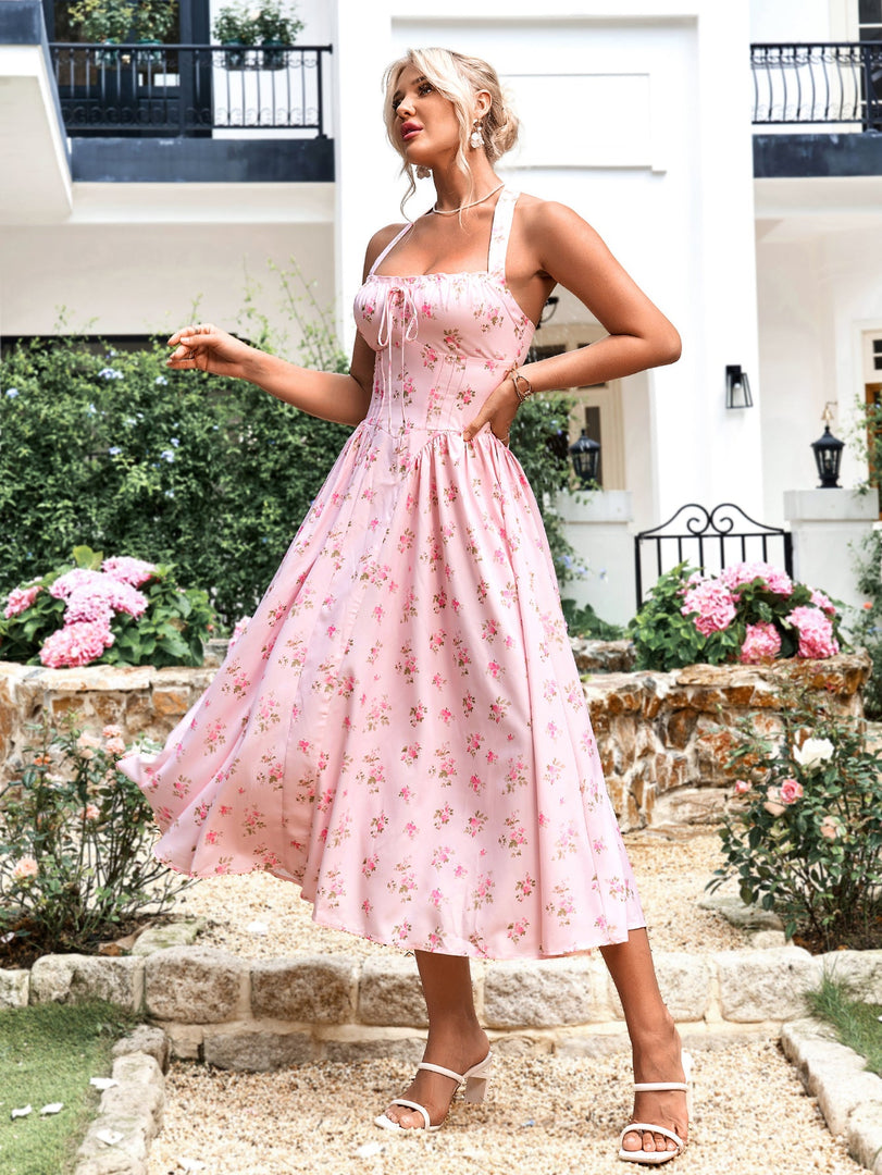 Halter Tie Smocking Floral Print Bodycon Dress | Wedding Guest Dress, Vacation Dress