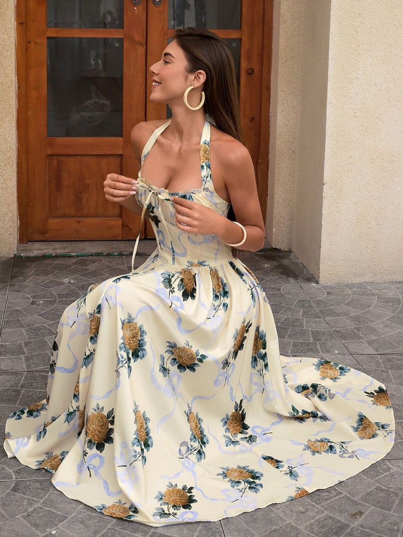 Halter Tie Smocking Floral Print Bodycon Dress | Wedding Guest Dress, Vacation Dress
