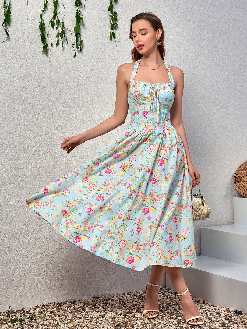 Halter Tie Smocking Floral Print Bodycon Dress | Wedding Guest Dress, Vacation Dress