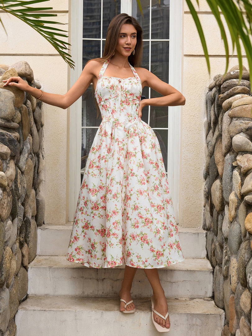 Halter Tie Smocking Floral Print Bodycon Dress | Wedding Guest Dress, Vacation Dress