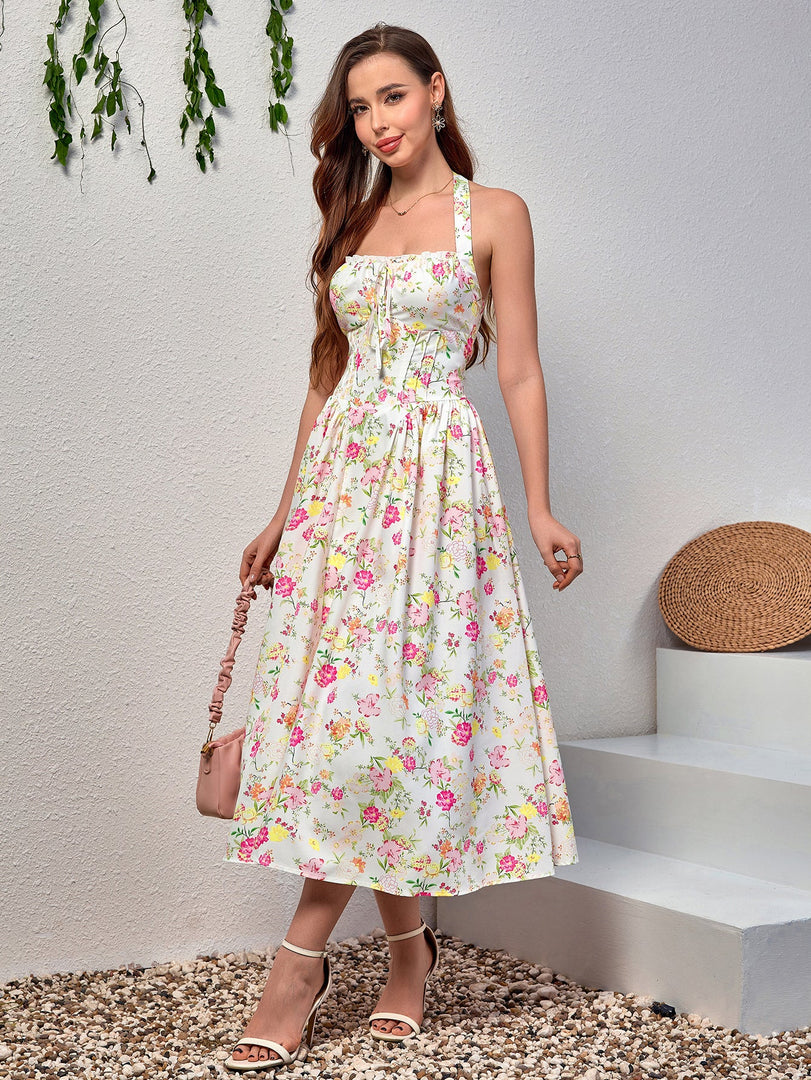 Halter Tie Smocking Floral Print Bodycon Dress | Wedding Guest Dress, Vacation Dress