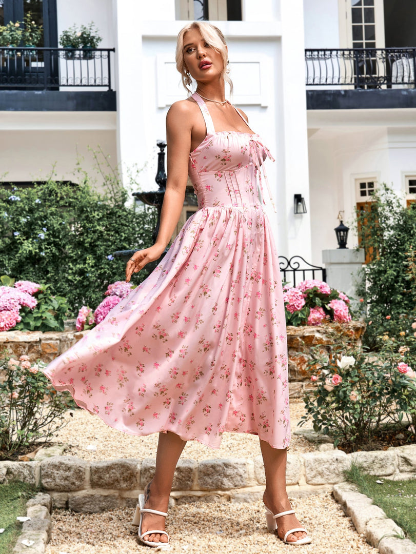 Halter Tie Smocking Floral Print Bodycon Dress | Wedding Guest Dress, Vacation Dress