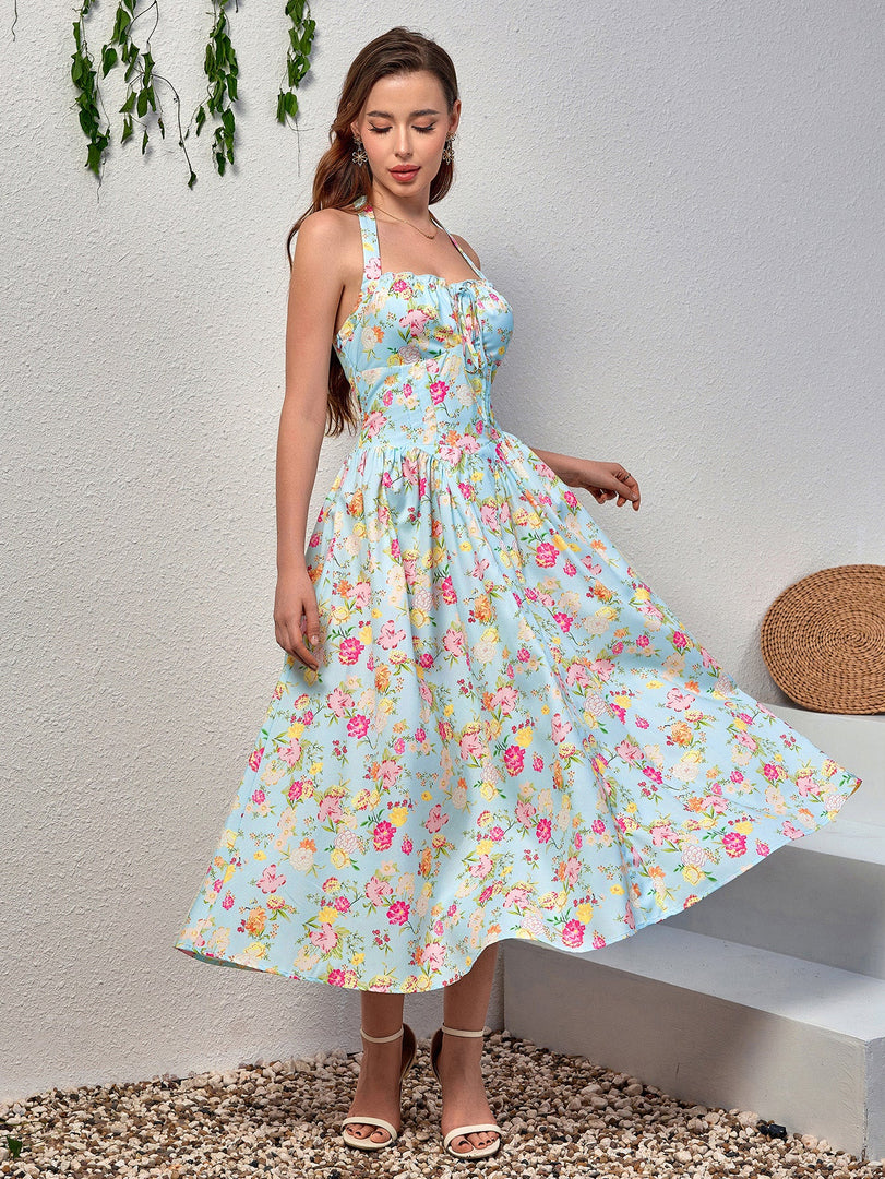 Halter Tie Smocking Floral Print Bodycon Dress | Wedding Guest Dress, Vacation Dress