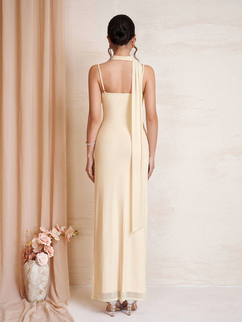 Hanging Neck Ribbon Backless Ruched Mesh Dress | Prom Dress