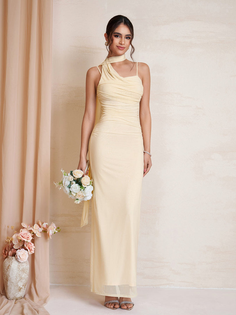 Hanging Neck Ribbon Backless Ruched Mesh Dress | Prom Dress