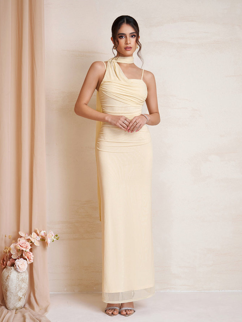 Hanging Neck Ribbon Backless Ruched Mesh Dress | Prom Dress