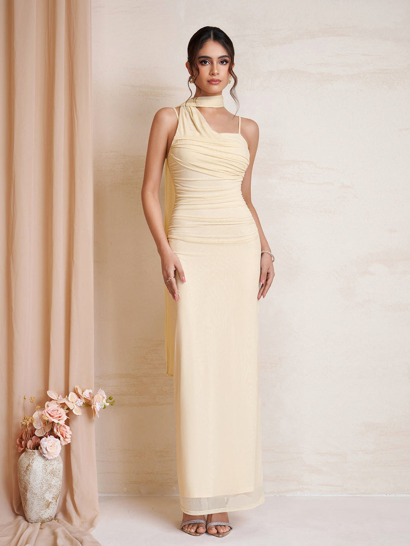 Hanging Neck Ribbon Backless Ruched Mesh Dress | Prom Dress
