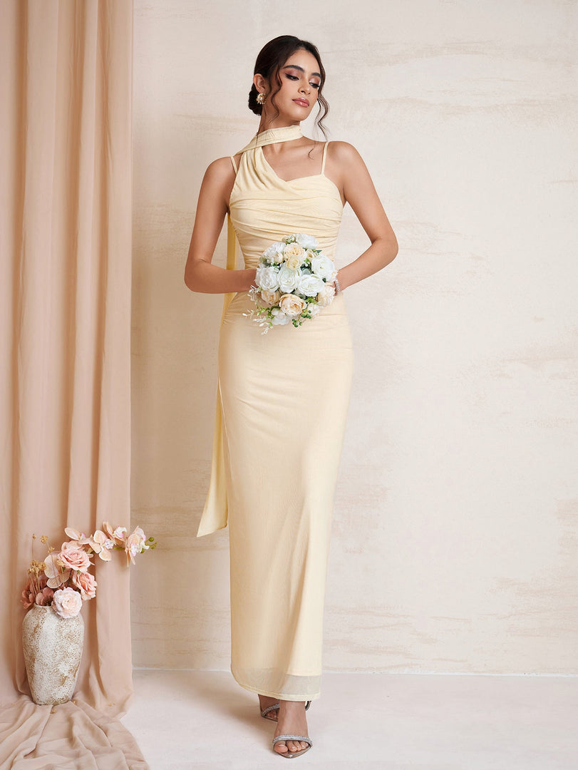 Hanging Neck Ribbon Backless Ruched Mesh Dress | Prom Dress
