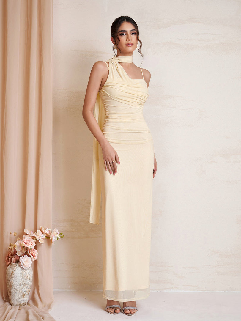 Hanging Neck Ribbon Backless Ruched Mesh Dress | Prom Dress