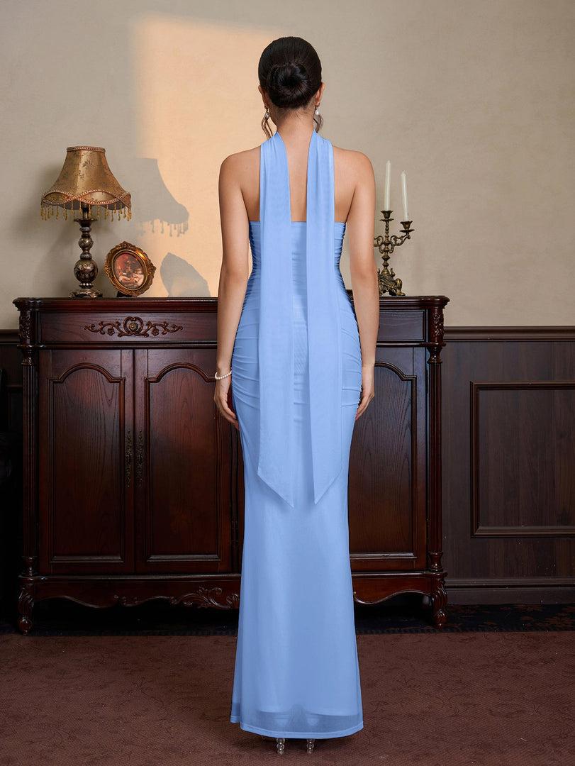 Hanging Neck Ribbon Backless Ruched Tube Dress | Wedding Guest Dress