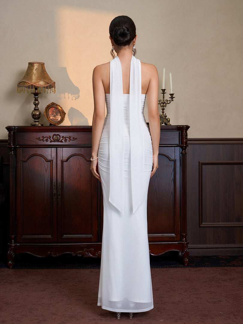 Hanging Neck Ribbon Backless Ruched Tube Dress | Wedding Guest Dress