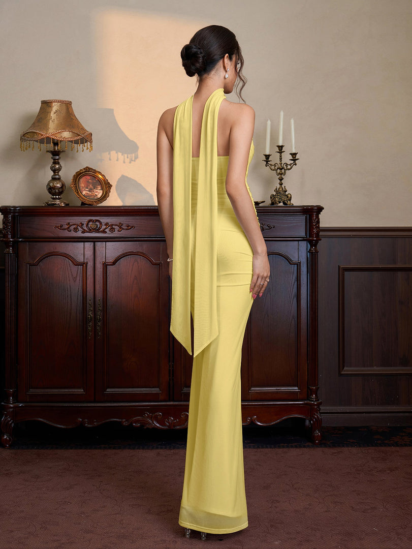 Hanging Neck Ribbon Backless Ruched Tube Dress | Wedding Guest Dress