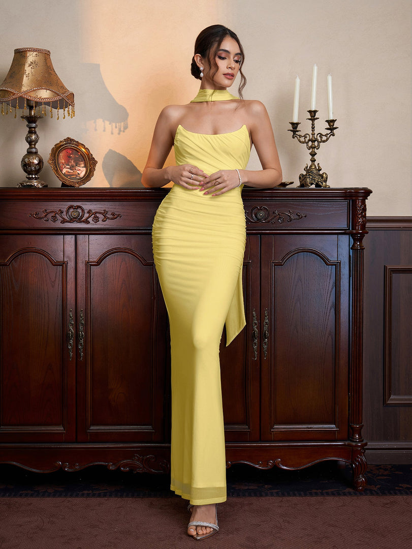 Hanging Neck Ribbon Backless Ruched Tube Dress | Wedding Guest Dress