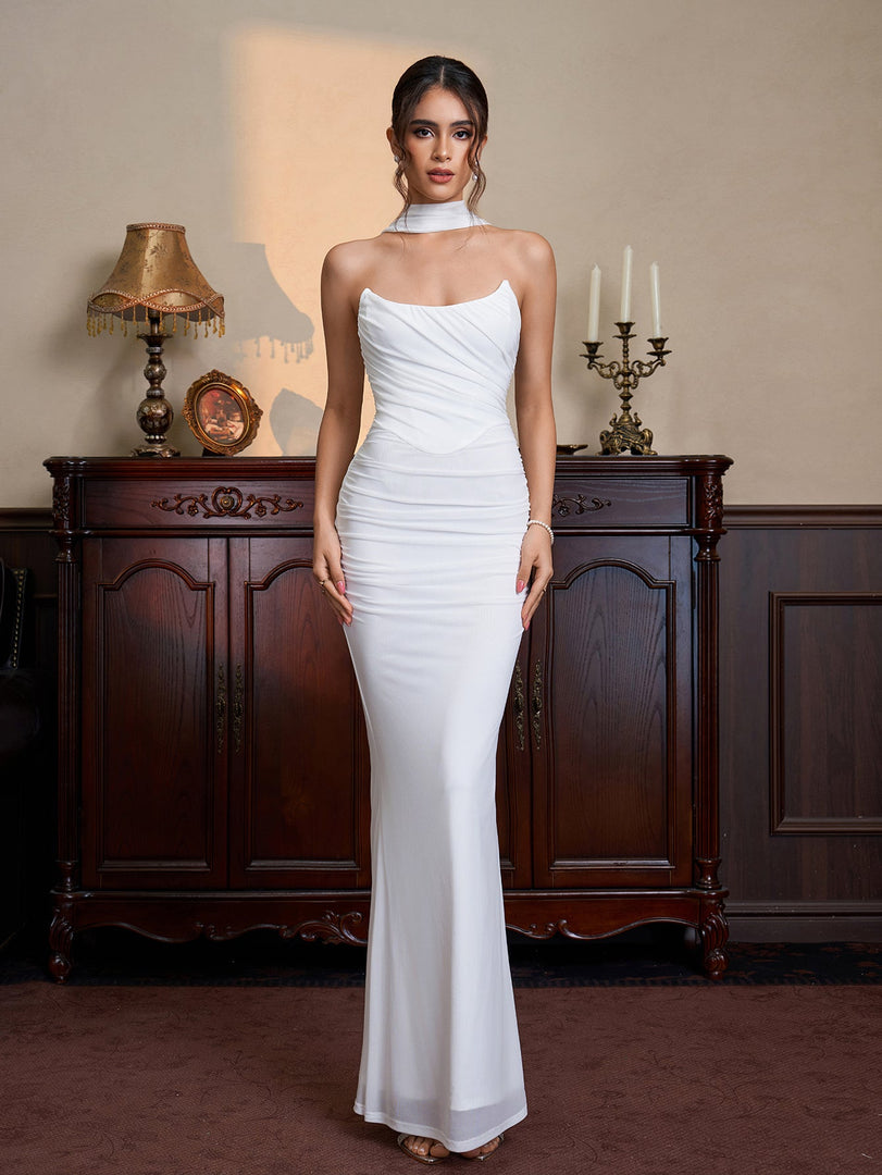 Hanging Neck Ribbon Backless Ruched Tube Dress | Wedding Guest Dress