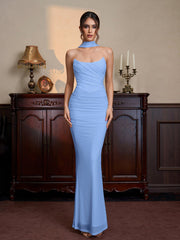 Hanging Neck Ribbon Backless Ruched Tube Dress | Wedding Guest Dress
