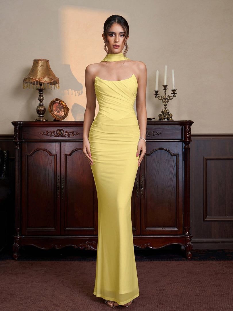 Hanging Neck Ribbon Backless Ruched Tube Dress | Wedding Guest Dress
