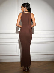 Hanging Neck Ribbon Deep V-Neck Ruched Solid Dress | Bridesmaid Dress