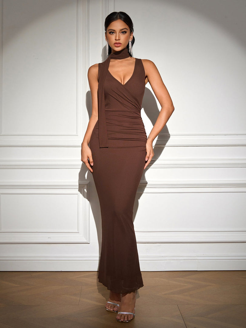 Hanging Neck Ribbon Deep V-Neck Ruched Solid Dress | Bridesmaid Dress