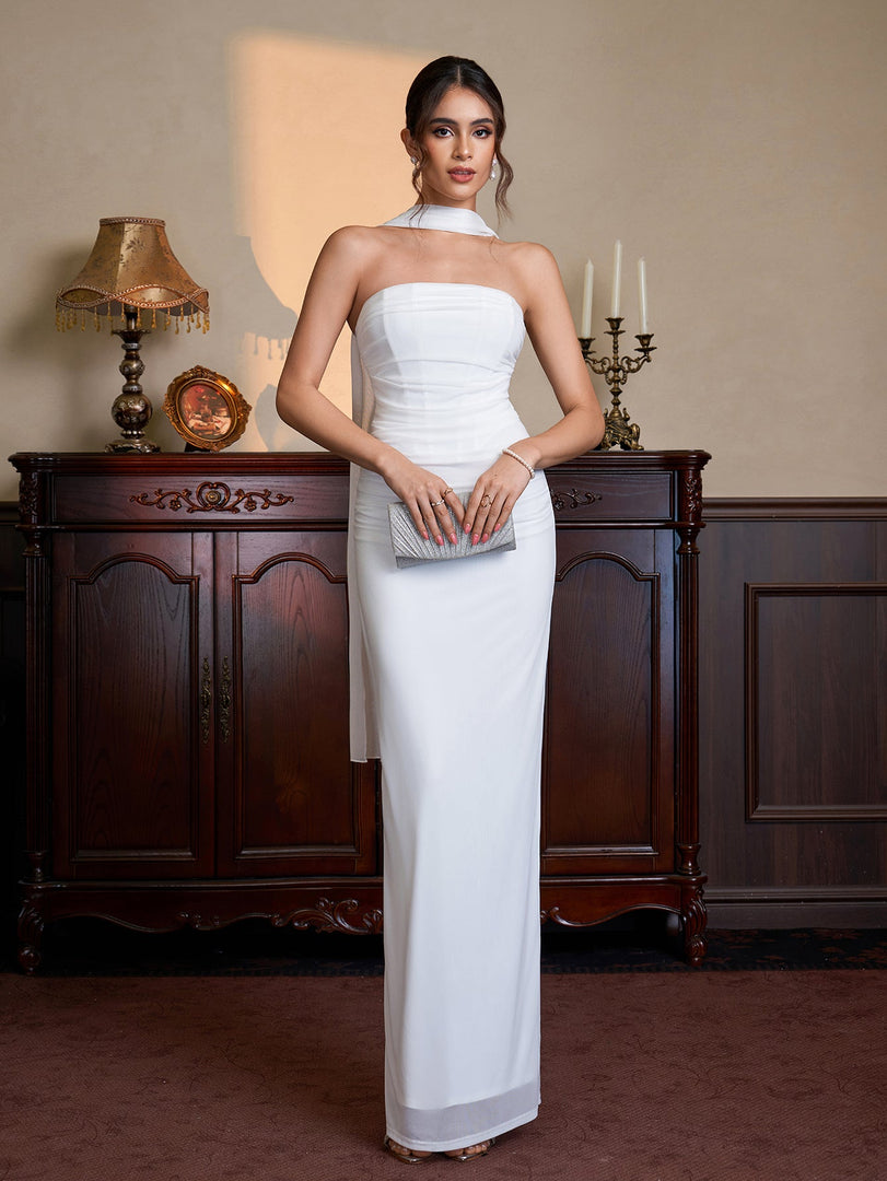 Hanging Neck Ribbon Ruched Split Tube Dress | Wedding Guest Dress