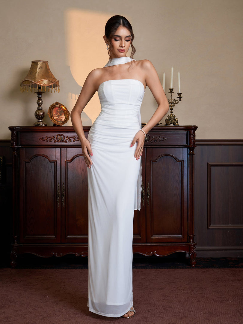 Hanging Neck Ribbon Ruched Split Tube Dress | Wedding Guest Dress