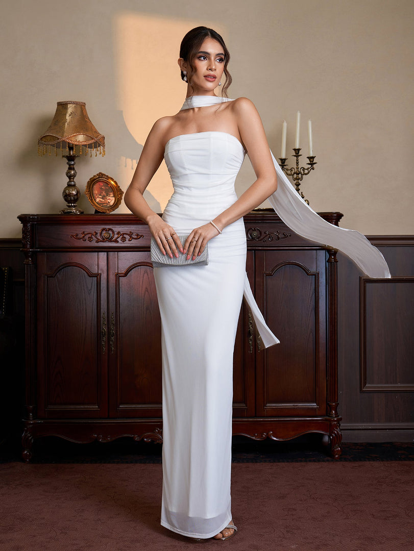 Hanging Neck Ribbon Ruched Split Tube Dress | Wedding Guest Dress