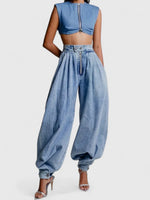 Load image into Gallery viewer, Women's Blue Jeans High Waist Zip Front Pleated Relaxed Wide Leg Barrel Jean Style
