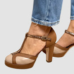 Load image into Gallery viewer, Women's Brown Wedding Shoes T-Strap Block Heel Round Toe Style
