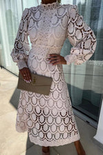 Load image into Gallery viewer, Women's Lace Midi Dress High Neck Long Sleeve Crochet a Line Formal Cocktail Style
