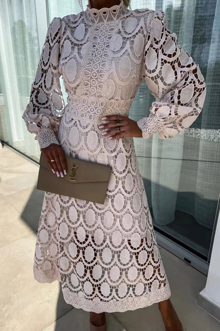 Women's Lace Midi Dress High Neck Long Sleeve Crochet a Line Formal Cocktail Style