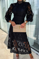 Load image into Gallery viewer, Women's Lace Midi Dress High Neck Long Sleeve Crochet a Line Formal Cocktail Style
